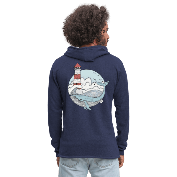 Hvalen & Havet - Let Unisex Hættetrøje - Let sweatshirt med hætte, unisex - marineblå meleret - Dajlig.dk