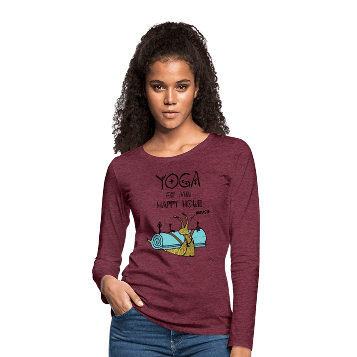 Yoga er min Happy Hour - Dame Langærmet Trøje - Dame premium T-shirt med lange ærmer - bordeaux meleret - Dajlig.dk