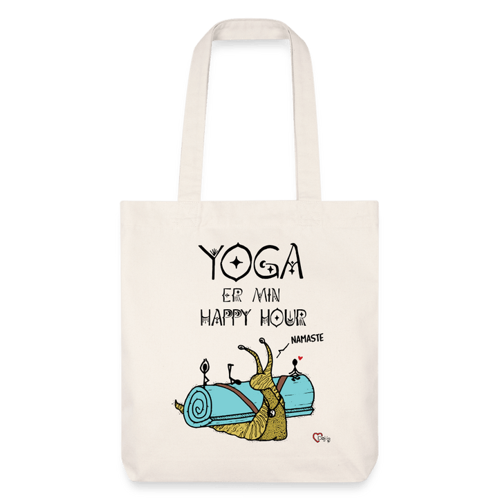 Yoga er min Happy Hour - Kraftig mulepose i genbrugsstof - Stanley/Stella heavyweight recycled mulepose - naturhvid - Dajlig.dk